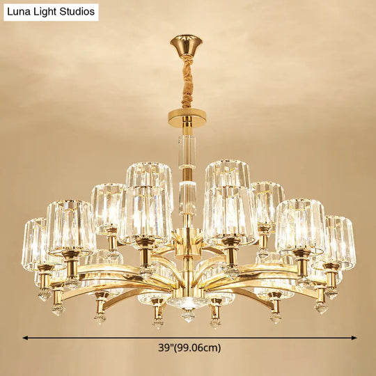 Cylindrical Gold Pendant Chandelier With Minimalist Optic Crystal Prism - Perfect For Living Room