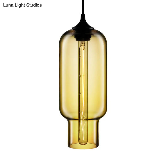 Industrial Clear/Blue/Amber Glass Pendant Lamp For Restaurant - 1 Bulb Cylindrical Hanging Light