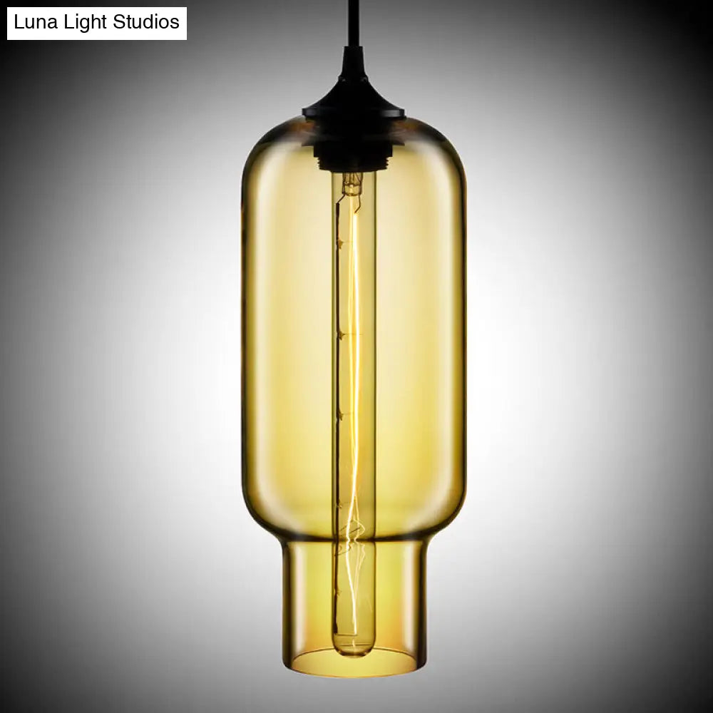 Industrial Clear/Blue/Amber Glass Pendant Lamp For Restaurant - 1 Bulb Cylindrical Hanging Light