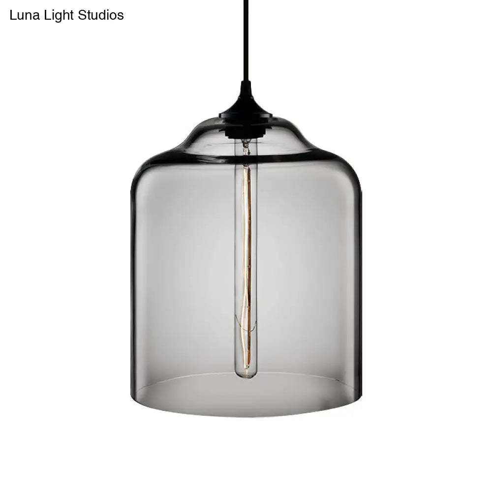 Industrial Clear/Blue/Amber Glass Pendant Lamp For Restaurant - 1 Bulb Cylindrical Hanging Light