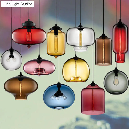 Industrial Clear/Blue/Amber Glass Pendant Lamp For Restaurant - 1 Bulb Cylindrical Hanging Light