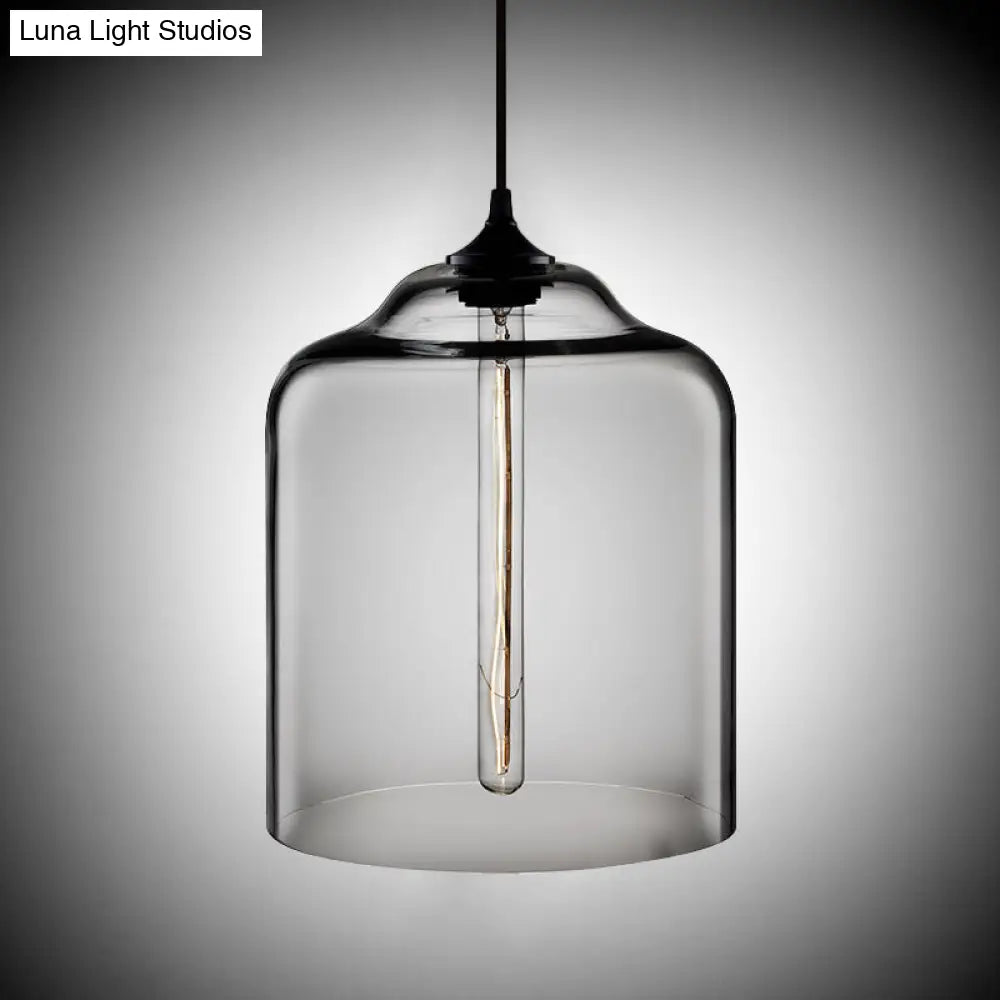 Industrial Clear/Blue/Amber Glass Pendant Lamp For Restaurant - 1 Bulb Cylindrical Hanging Light