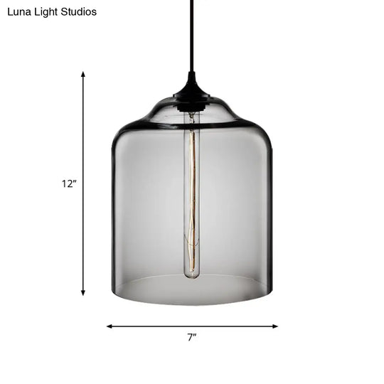 Industrial Clear/Blue/Amber Glass Pendant Lamp For Restaurant - 1 Bulb Cylindrical Hanging Light