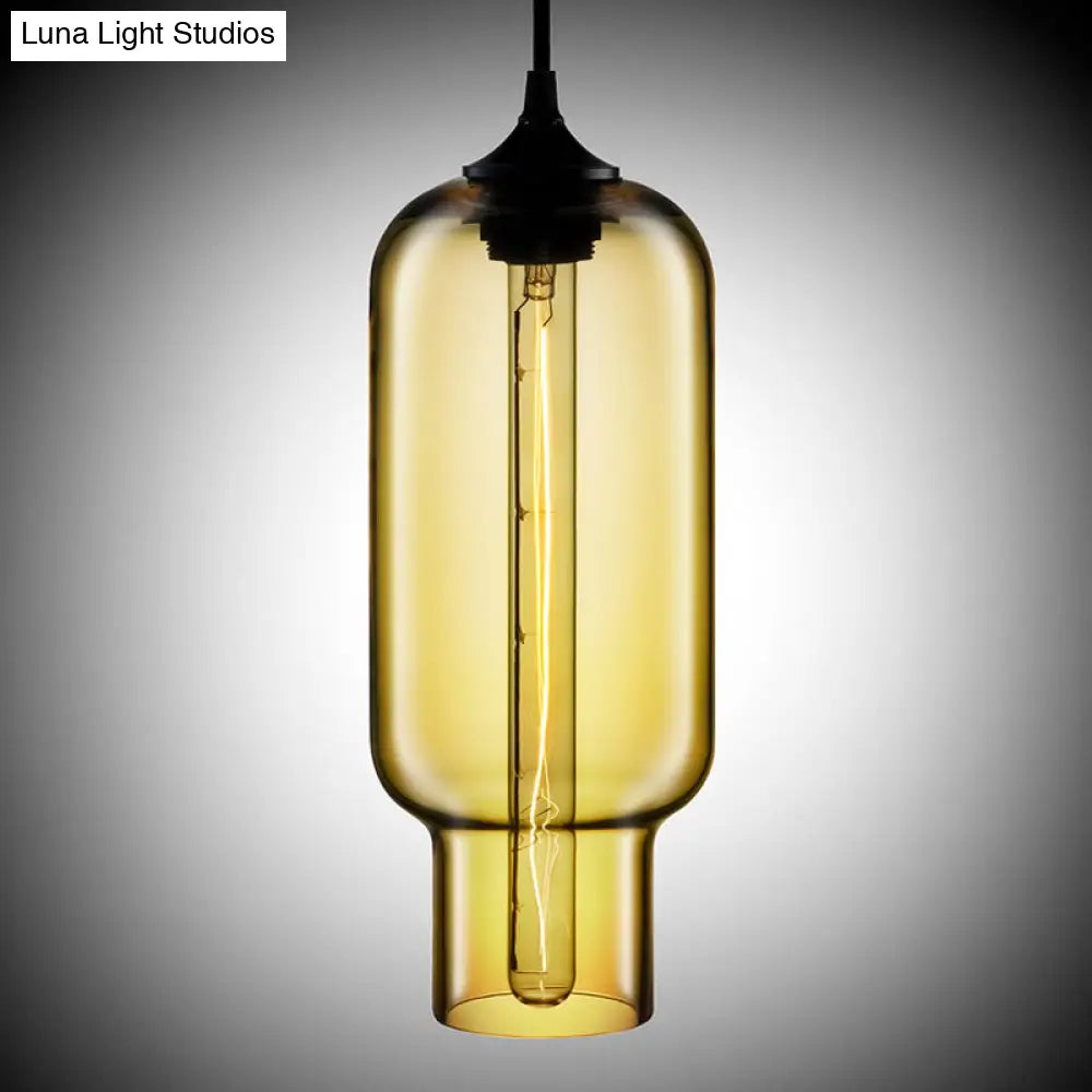 Cylindrical Industrial Pendant Lamp With Clear/Blue/Amber Glass For Restaurants
