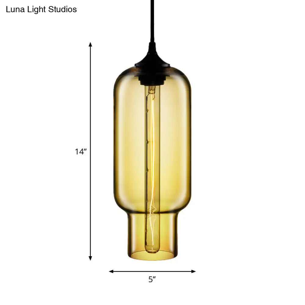 Industrial Clear/Blue/Amber Glass Pendant Lamp For Restaurant - 1 Bulb Cylindrical Hanging Light