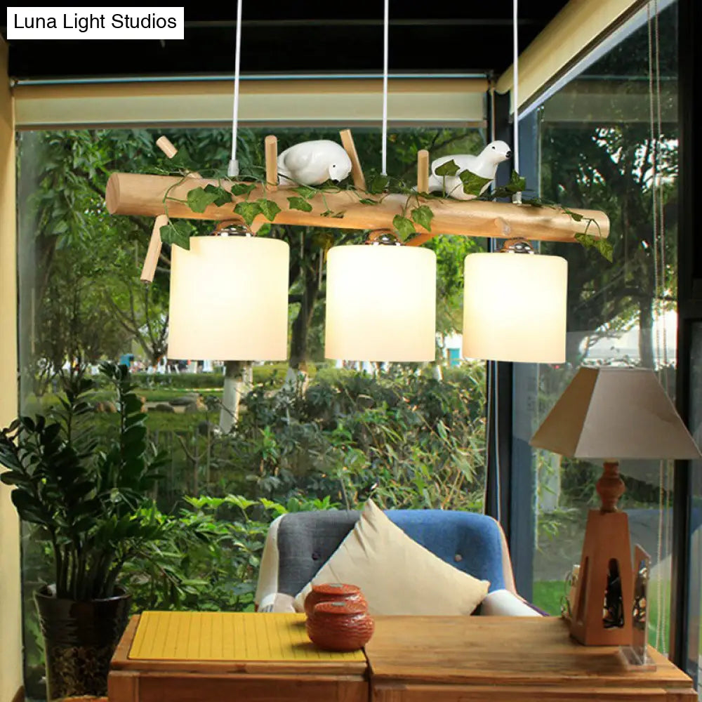 Country Style Milk Glass Cylindrical Island Lamp: Suspension Light With Resin Bird Deco