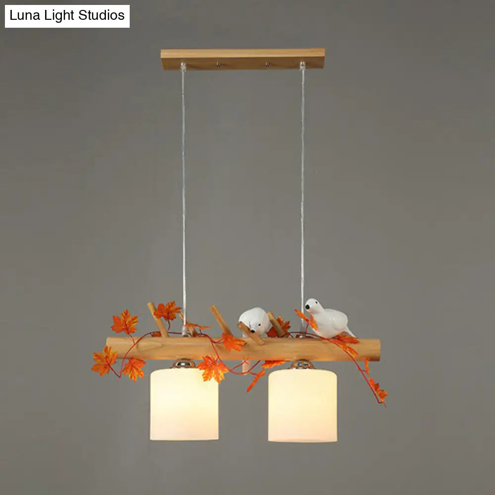 Country Style Milk Glass Cylindrical Island Lamp: Suspension Light With Resin Bird Deco 2 / Red