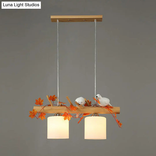 Country Style Milk Glass Cylindrical Island Lamp: Suspension Light With Resin Bird Deco 2 / Red