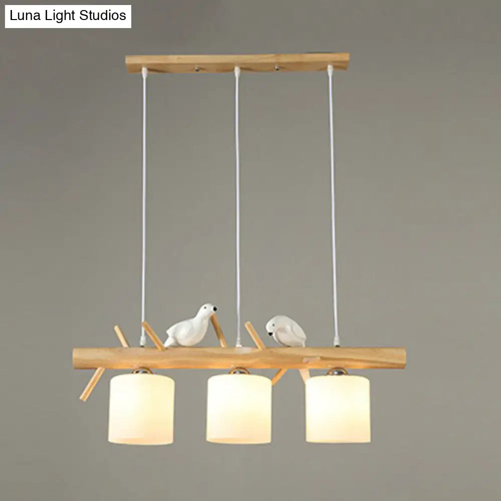 Country Style Milk Glass Cylindrical Island Lamp: Suspension Light With Resin Bird Deco 3 / Wood