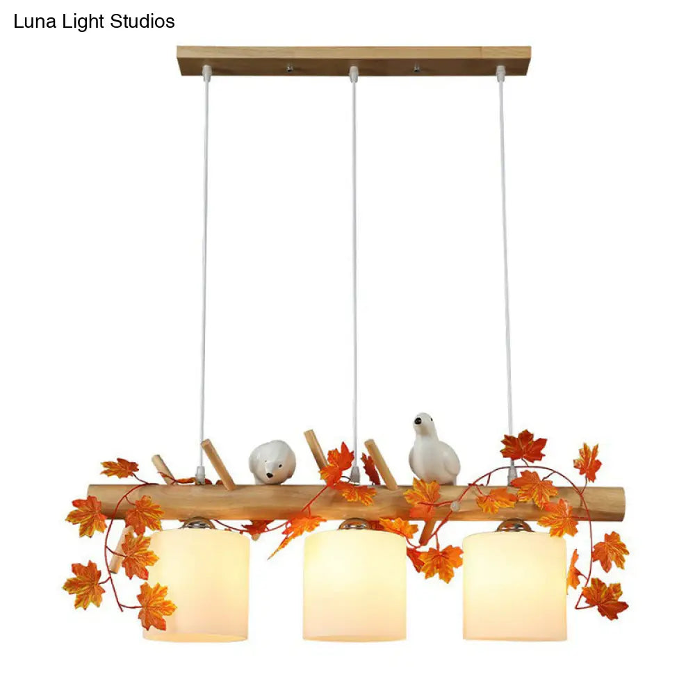 Country Style Milk Glass Cylindrical Island Lamp: Suspension Light With Resin Bird Deco