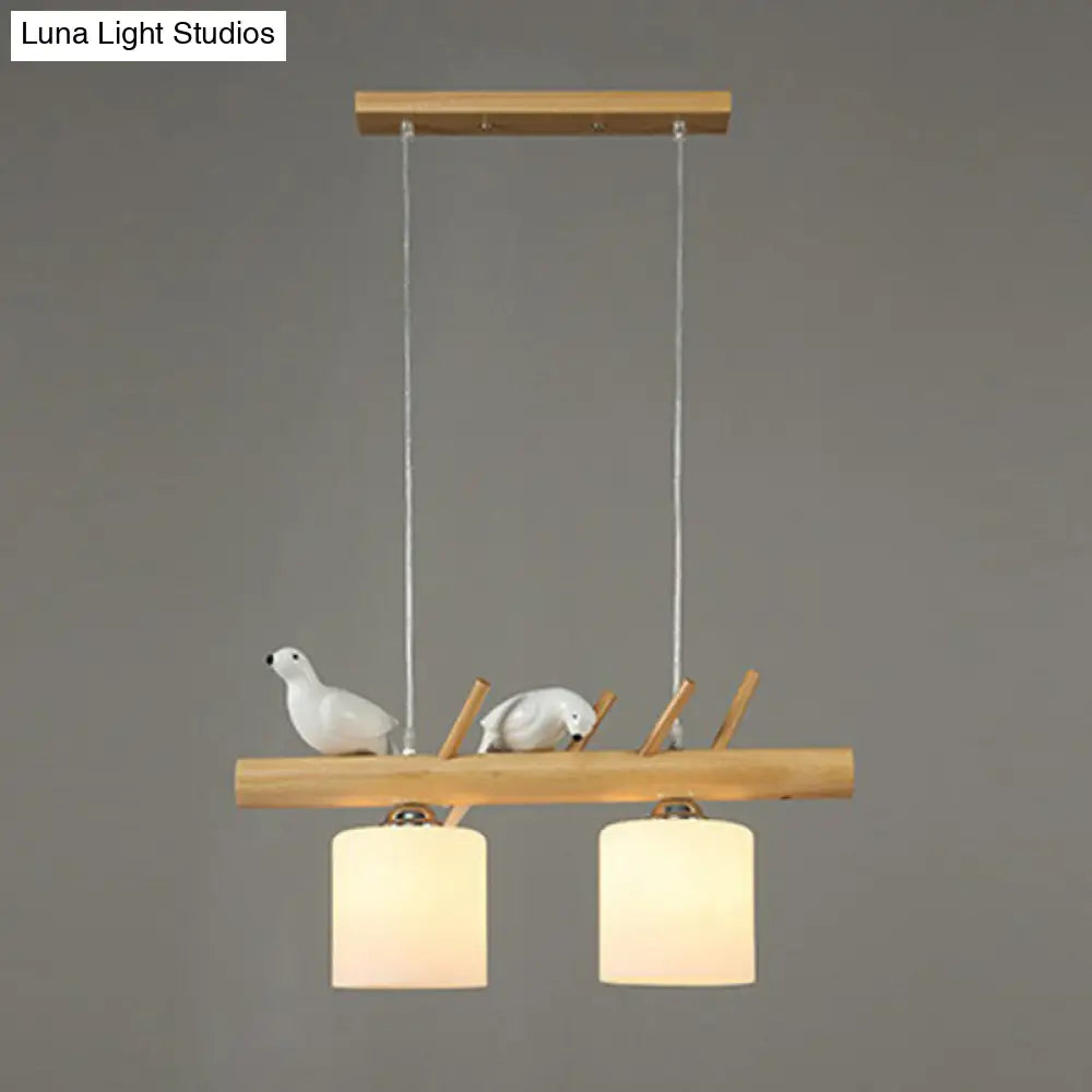 Country Style Milk Glass Cylindrical Island Lamp: Suspension Light With Resin Bird Deco 2 / Wood