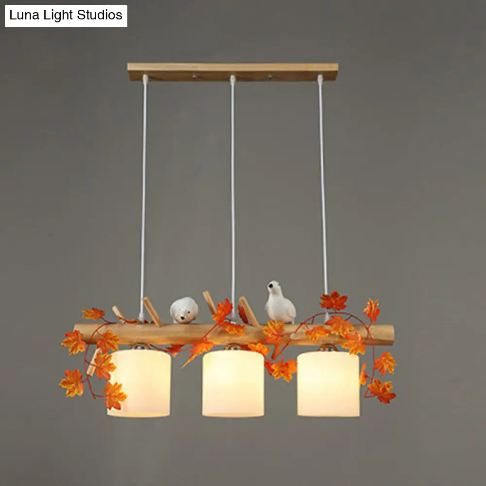 Country Style Milk Glass Cylindrical Island Lamp: Suspension Light With Resin Bird Deco 3 / Red