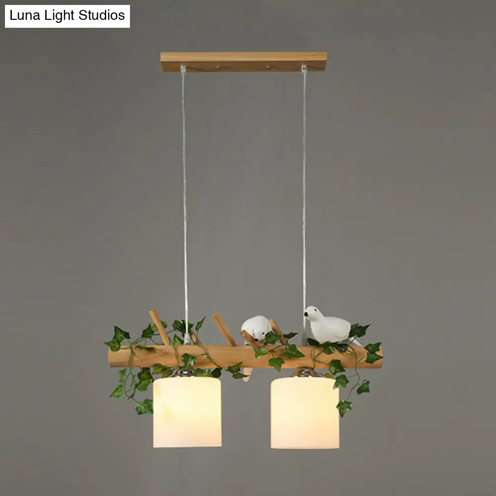 Country Style Milk Glass Cylindrical Island Lamp: Suspension Light With Resin Bird Deco 2 / Green