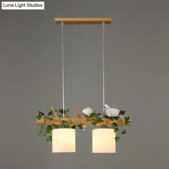 Country Style Milk Glass Cylindrical Island Lamp: Suspension Light With Resin Bird Deco 2 / Green