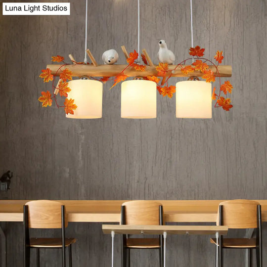 Country Style Milk Glass Cylindrical Island Lamp: Suspension Light With Resin Bird Deco