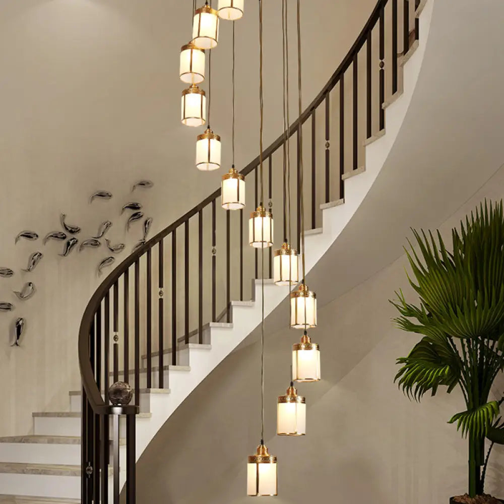 Cylindrical Multi-Ceiling Artistic Light with Frost Glass and Brass Suspension for Staircases 12 / Brass