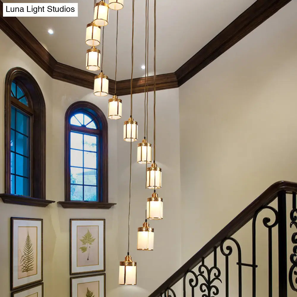 Cylindrical Multi-Ceiling Artistic Light with Frost Glass and Brass Suspension for Staircases