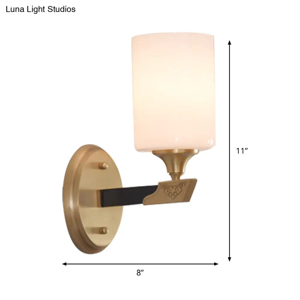 Cylindrical Wall Lamp With Traditional Black And Gold Design White Glass