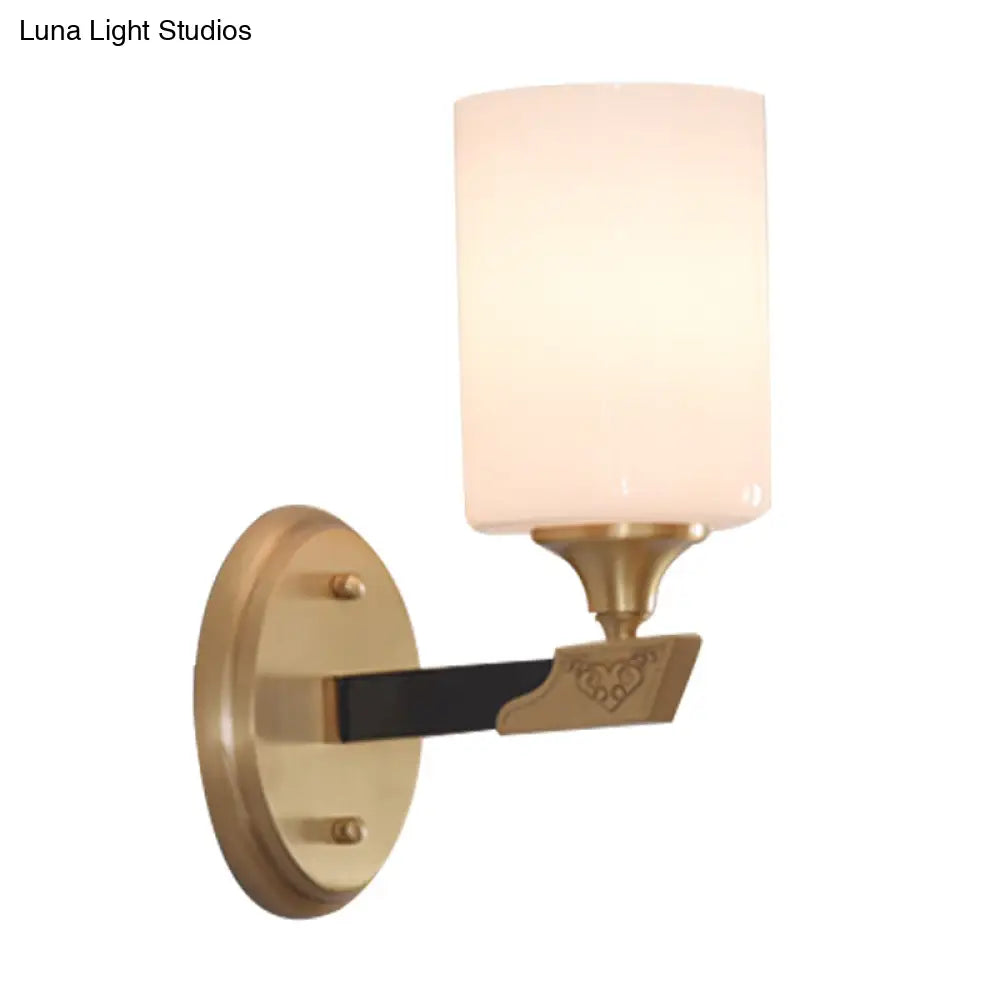 Cylindrical Wall Lamp With Traditional Black And Gold Design White Glass