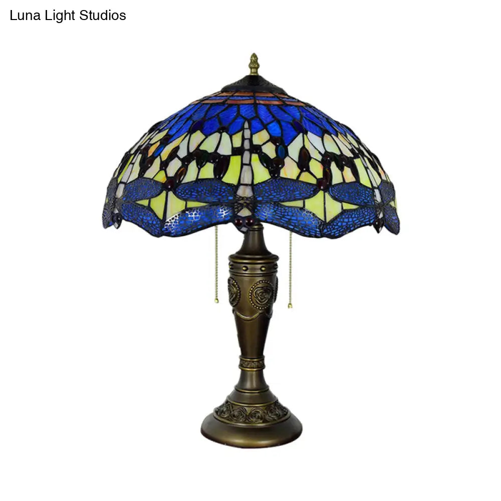 Mediterranean Dragonfly Jeweled Table Lamp - Blue-Green/Yellow-Blue Glass Nightstand Light With Pull