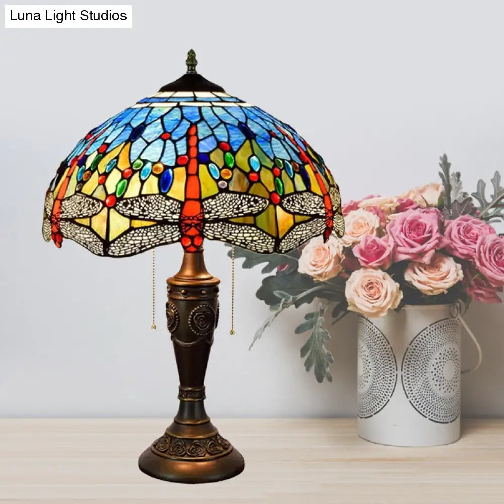 Mediterranean Dragonfly Jeweled Table Lamp - Blue-Green/Yellow-Blue Glass Nightstand Light With Pull