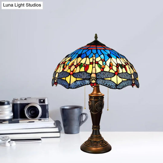 Mediterranean Dragonfly Jeweled Table Lamp - Blue-Green/Yellow-Blue Glass Nightstand Light With Pull