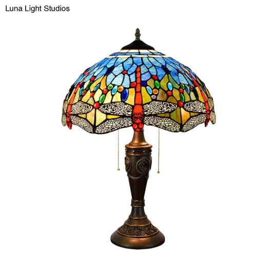 Mediterranean Dragonfly Jeweled Table Lamp - Blue-Green/Yellow-Blue Glass Nightstand Light With Pull