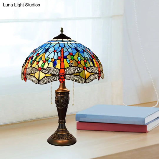 Mediterranean Dragonfly Jeweled Table Lamp - Blue-Green/Yellow-Blue Glass Nightstand Light With Pull