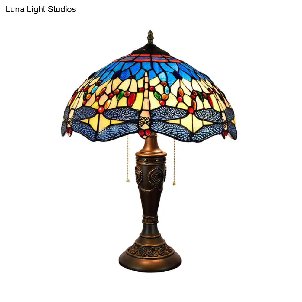 Mediterranean Dragonfly Jeweled Table Lamp - Blue-Green/Yellow-Blue Glass Nightstand Light With Pull