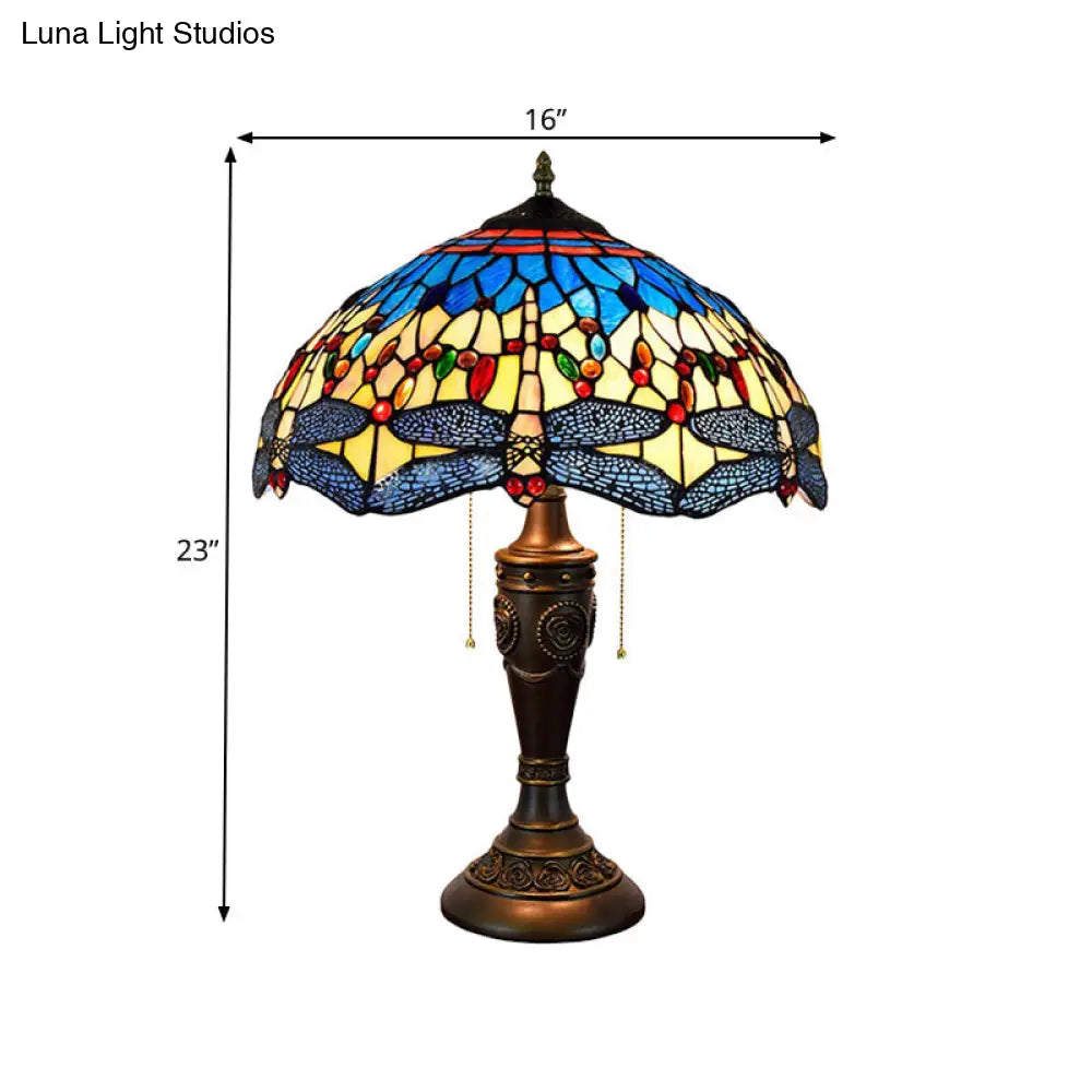 Mediterranean Dragonfly Jeweled Table Lamp - Blue-Green/Yellow-Blue Glass Nightstand Light With Pull