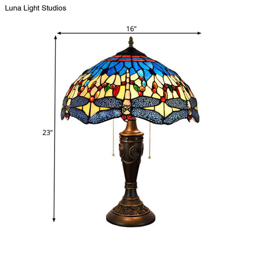 Mediterranean Dragonfly Jeweled Table Lamp - Blue-Green/Yellow-Blue Glass Nightstand Light With Pull