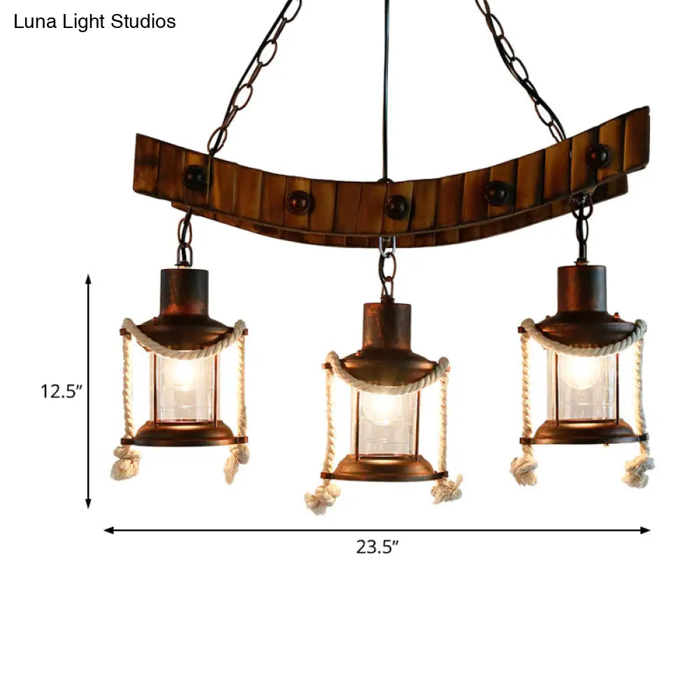 Dark Brown Glass Chandelier Light Lantern - 3 Lights Warehouse Ceiling Fixture For Kitchen