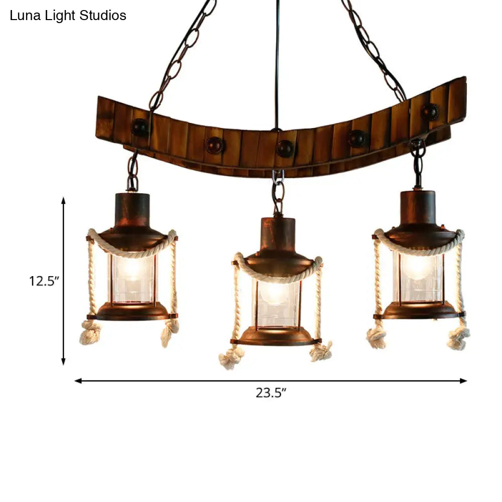 Dark Brown Glass Chandelier Light Lantern - 3 Lights Warehouse Hanging Ceiling Fixture For Kitchen