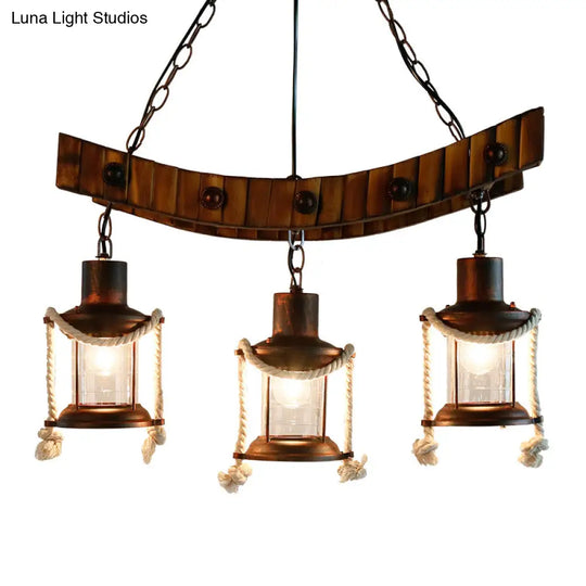 Dark Brown Glass Chandelier Light Lantern - 3 Lights Warehouse Ceiling Fixture For Kitchen