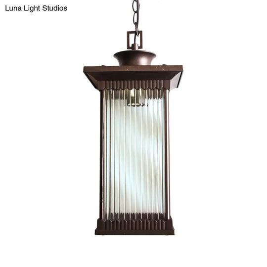 Dark Coffee Ribbed Glass Rectangle Pendant Courtyard Hanging Ceiling Light