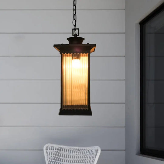 Dark Coffee Ribbed Glass Rectangle Pendant Courtyard Hanging Ceiling Light