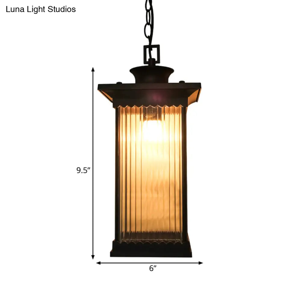 Dark Coffee Ribbed Glass Rectangle Pendant Courtyard Hanging Ceiling Light