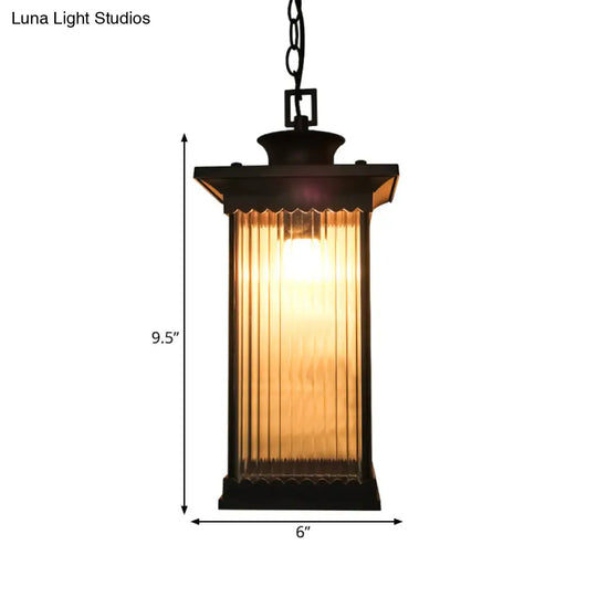 Dark Coffee Ribbed Glass Rectangle Pendant Courtyard Hanging Ceiling Light