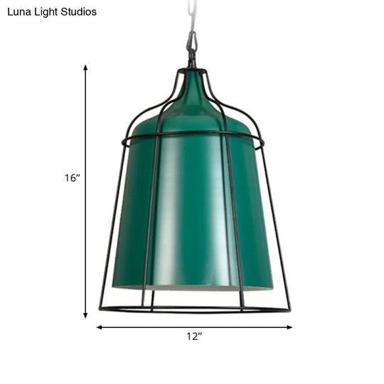 Dark Green Industrial Wire Cage Hanging Lamp - Single Light Metal Pendant Lighting