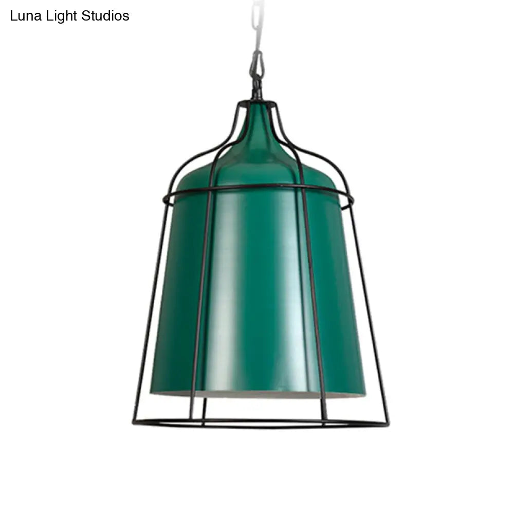 Industrial Single Light Pendant Lamp - Dark Green Bucket With Wire Cage Design