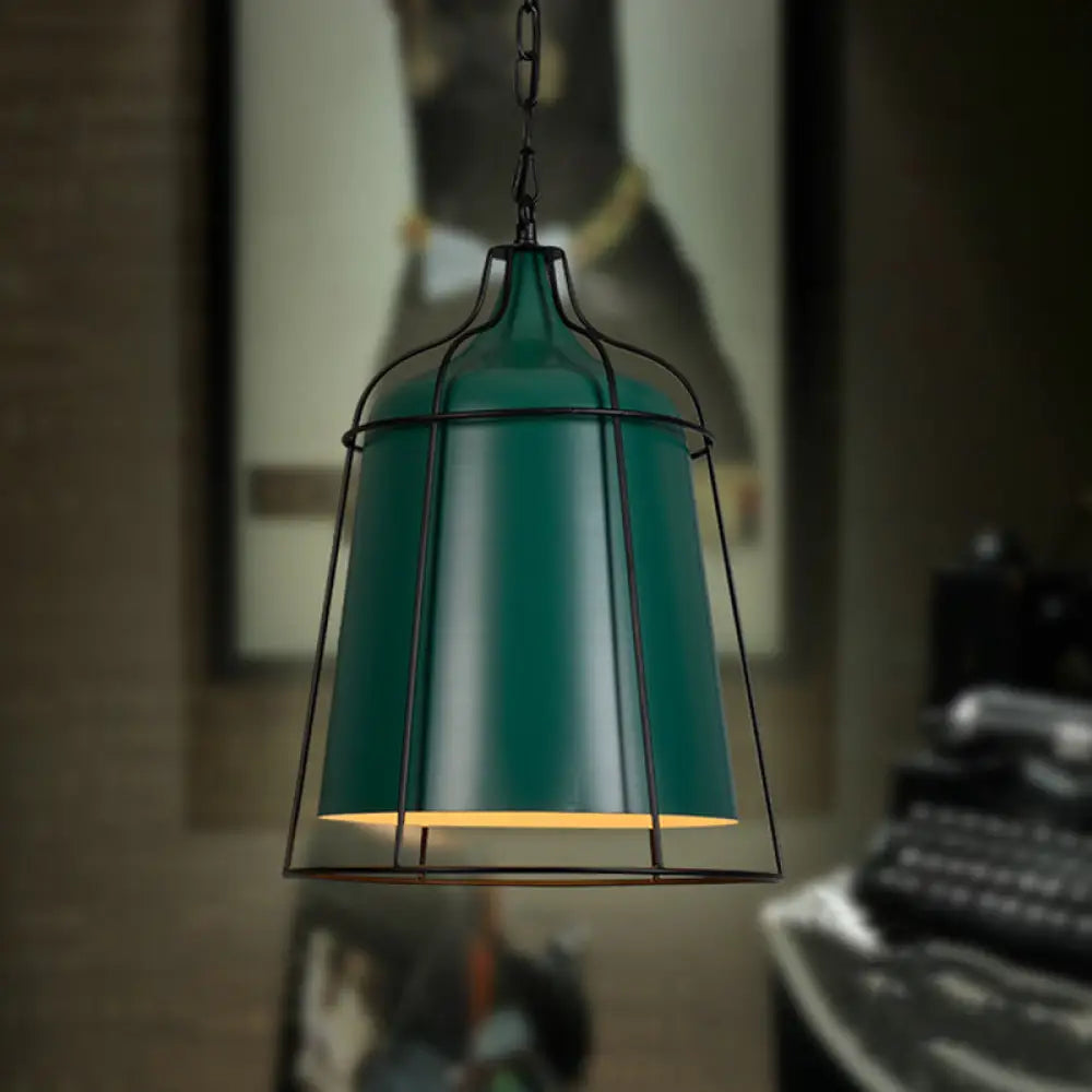 Dark Green Industrial Wire Cage Hanging Lamp - Single Light Metal Pendant Lighting