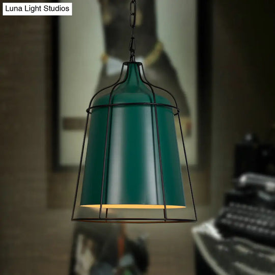 Industrial Single Light Pendant Lamp - Dark Green Bucket With Wire Cage Design