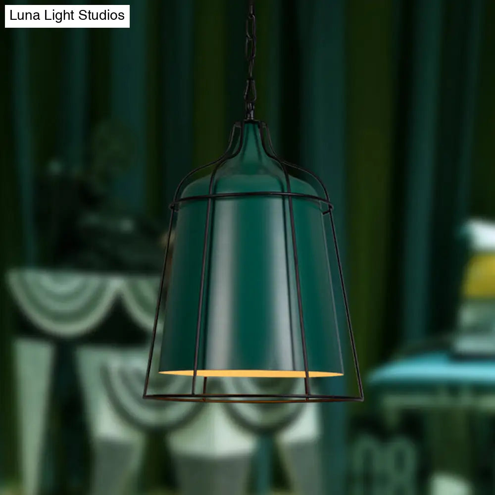 Industrial Single Light Pendant Lamp - Dark Green Bucket With Wire Cage Design