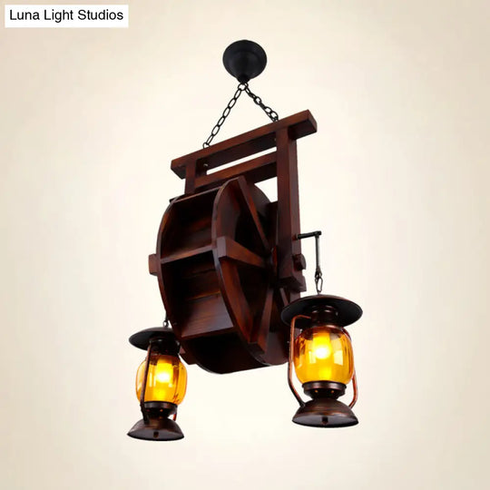 Dark Wood 3-Light Chandelier With Amber Glass Lantern - Hanging Lamp For Warehouse Lighting