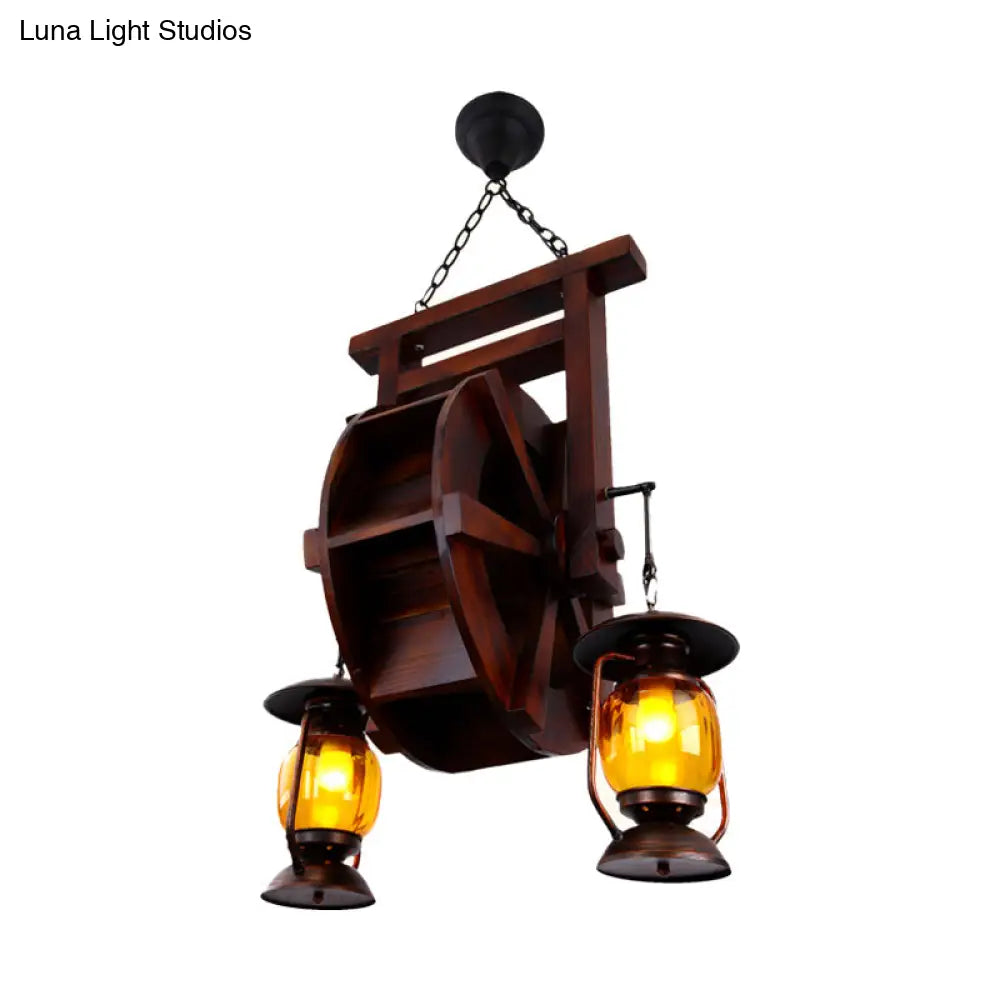 Dark Wood Chandelier With 3 Lights Amber Glass Lantern - Warehouse Hanging Lamp Kit