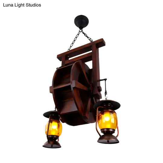 Dark Wood Chandelier With 3 Lights Amber Glass Lantern - Warehouse Hanging Lamp Kit