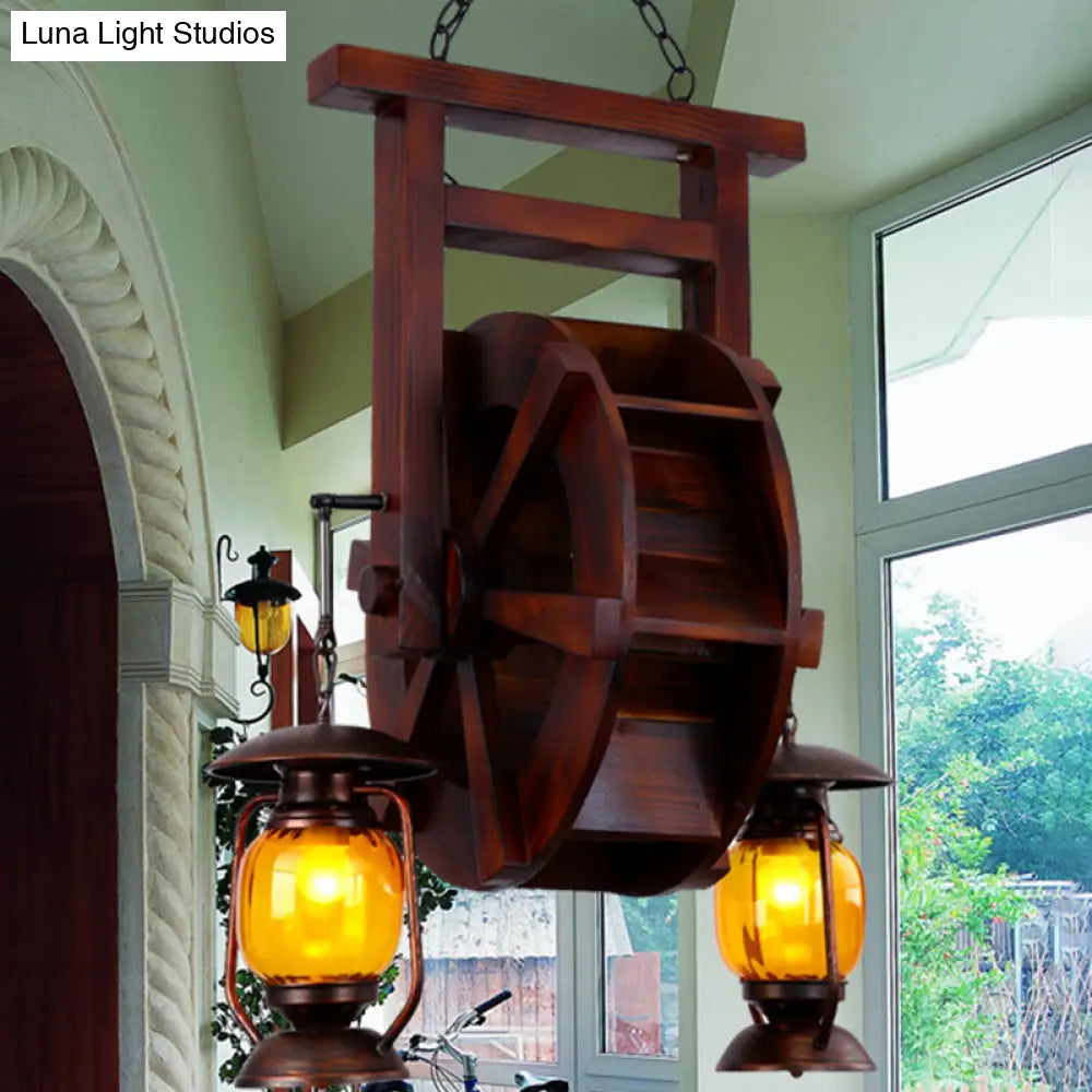 Dark Wood Chandelier With 3 Lights Amber Glass Lantern - Warehouse Hanging Lamp Kit