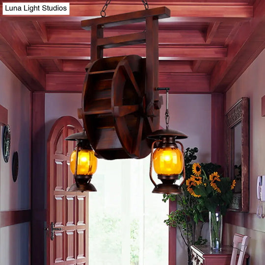 Dark Wood 3-Light Chandelier With Amber Glass Lantern - Hanging Lamp For Warehouse Lighting