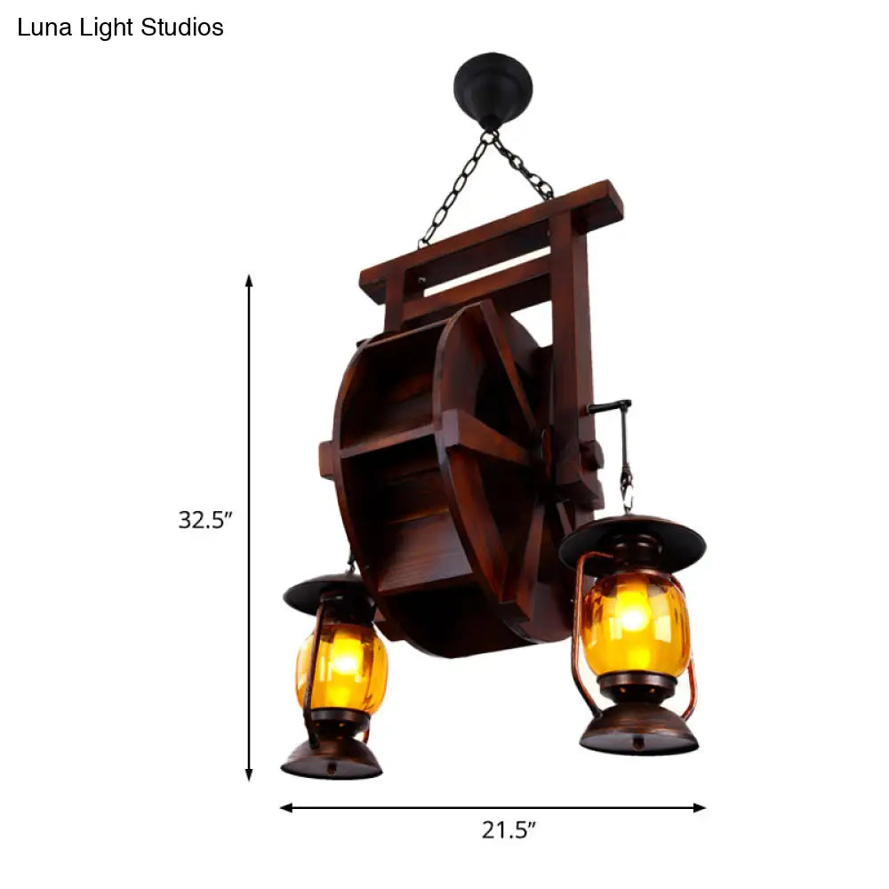 Dark Wood 3-Light Chandelier With Amber Glass Lantern - Hanging Lamp For Warehouse Lighting