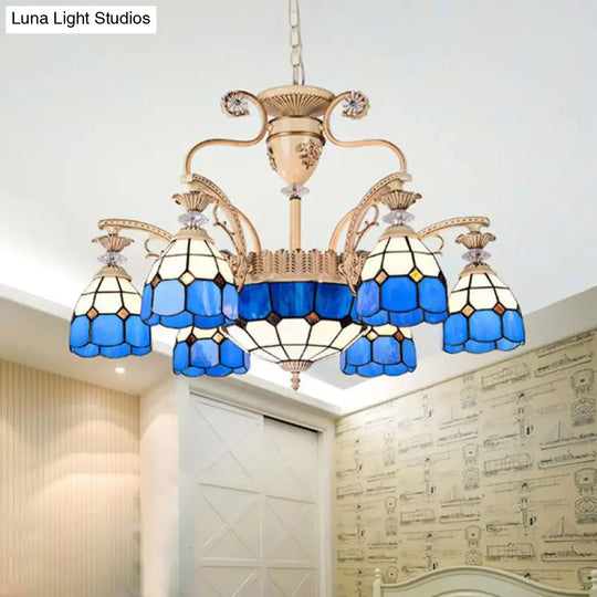 Baroque Cut Glass Chandelier Light - Blue Dome Pendant Lighting Fixture With 5/9/11 Lights Wide